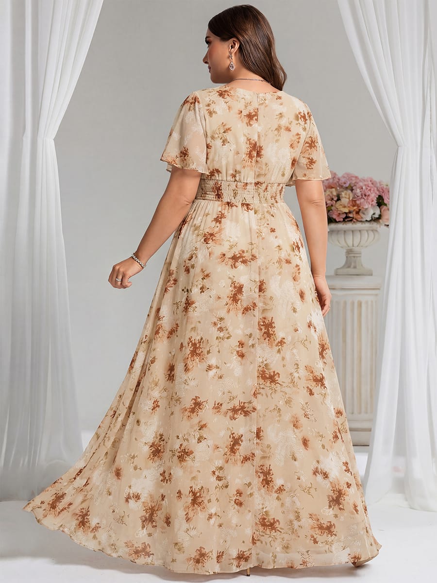 Simple Chiffon Pleated A-Line Round Neckline Bridesmaid Dress #color_Champagne Print