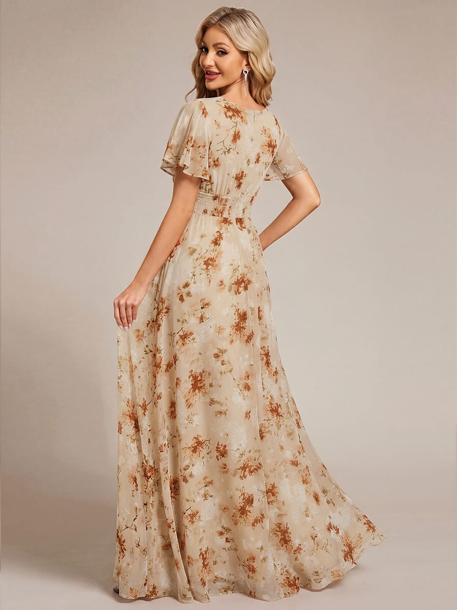 Simple Chiffon Pleated A-Line Round Neckline Bridesmaid Dress #color_Champagne Print