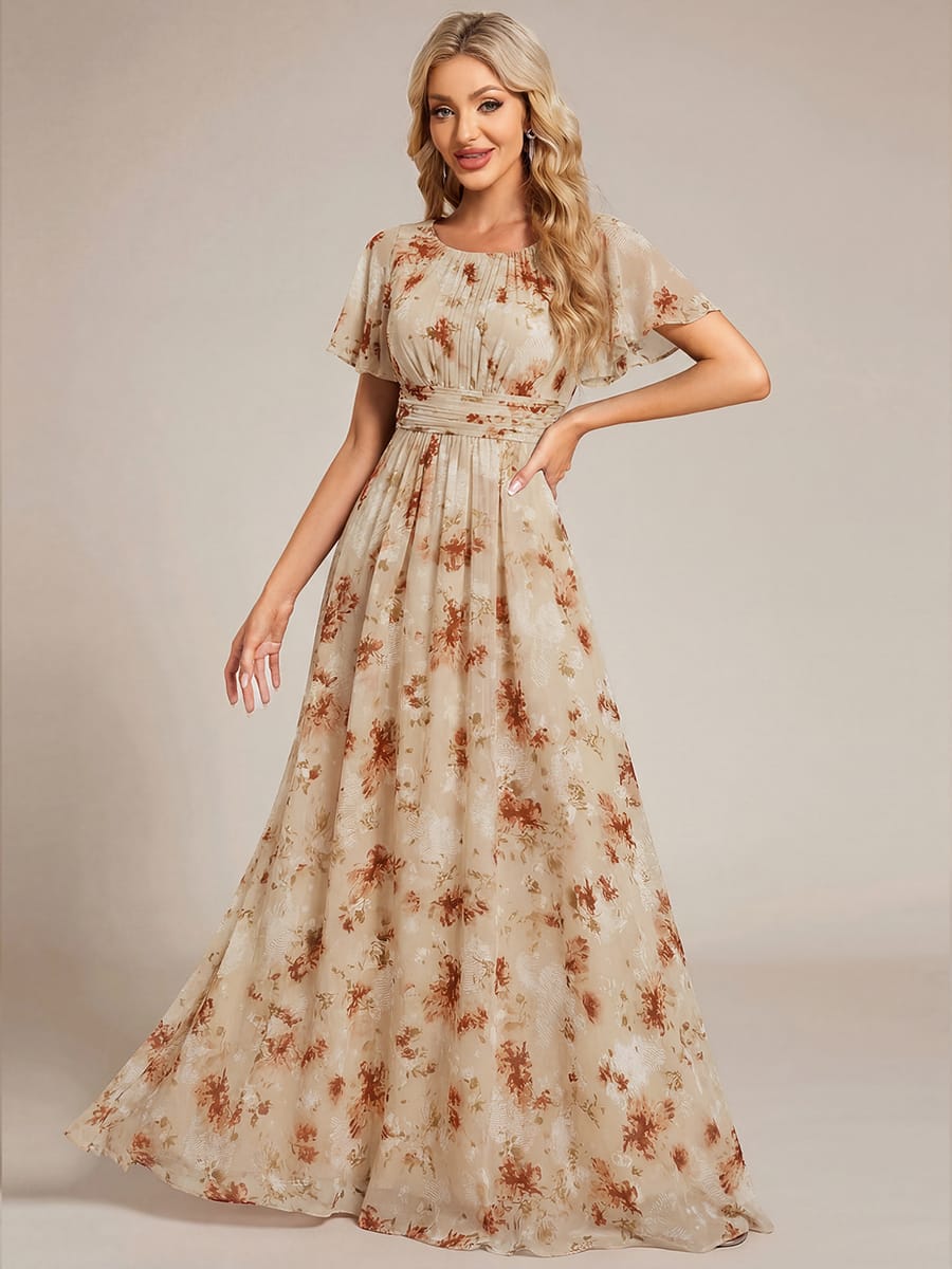 Simple Chiffon Pleated A-Line Round Neckline Bridesmaid Dress #color_Champagne Print
