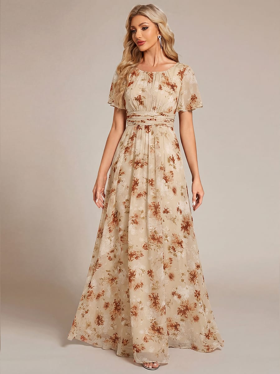 Simple Chiffon Pleated A-Line Round Neckline Bridesmaid Dress #color_Champagne Print