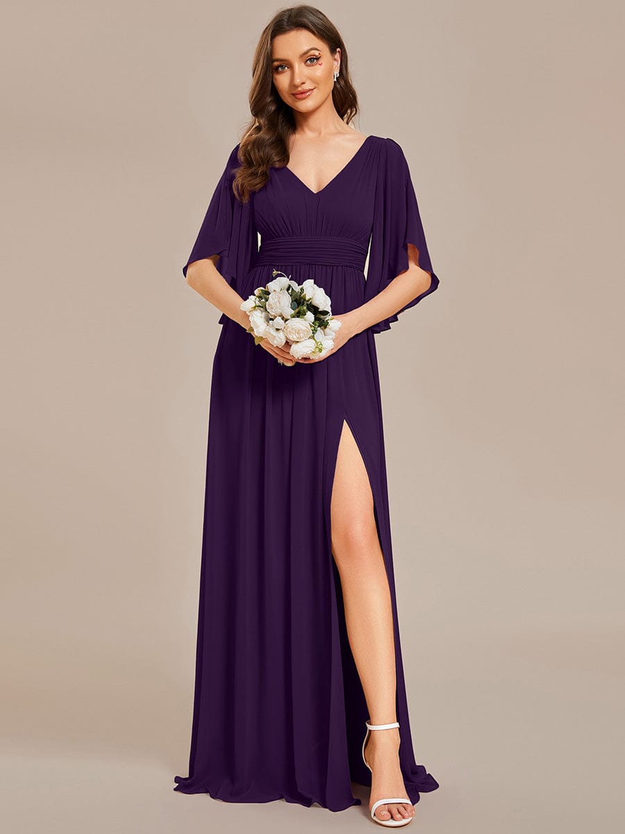 Chiffon A-Line Half Sleeves High Slit Bridesmaid Dress #color_Dark Purple