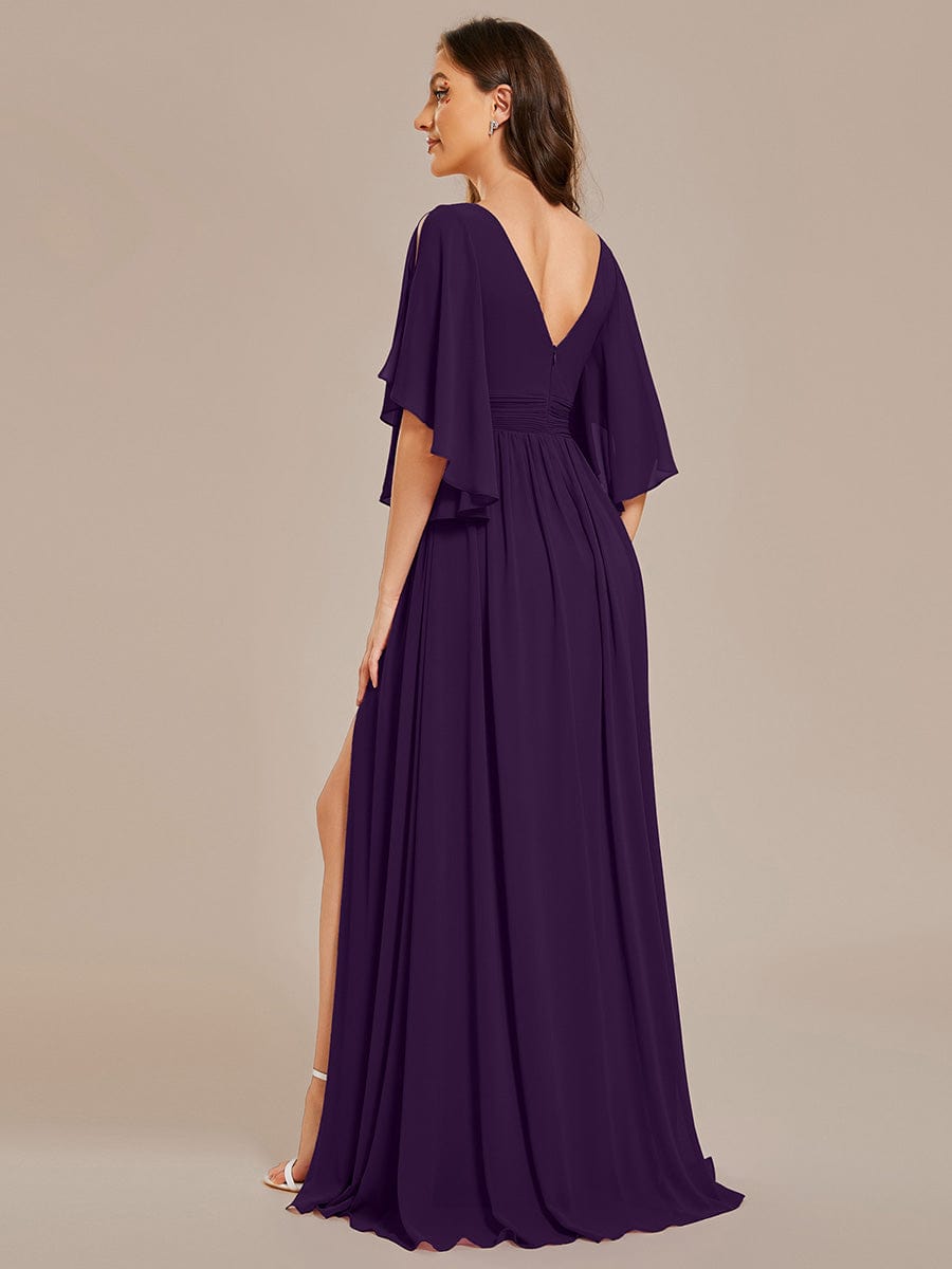Chiffon A-Line Half Sleeves High Slit Bridesmaid Dress #color_Dark Purple