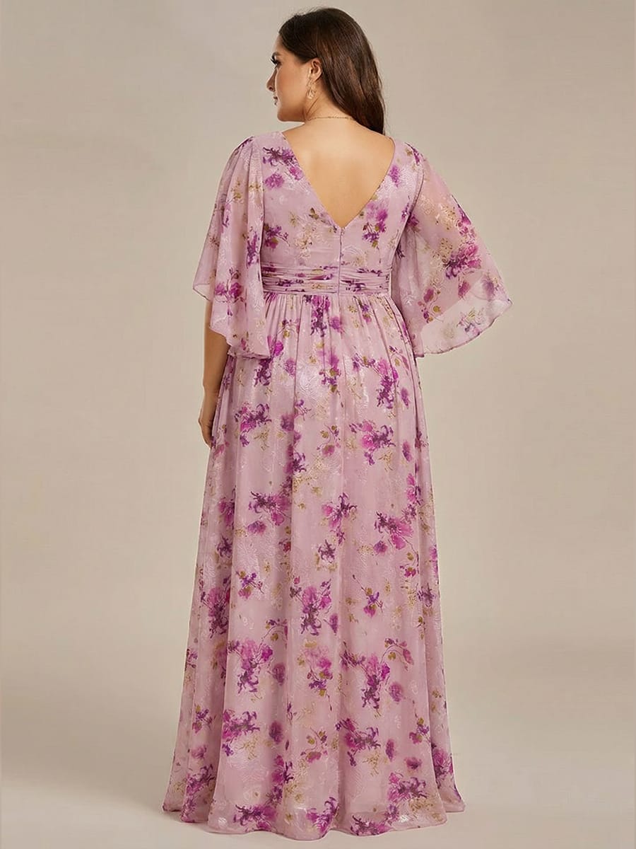 Chiffon A-Line Half Sleeves High Slit Bridesmaid Dress #color_Light Purple Print