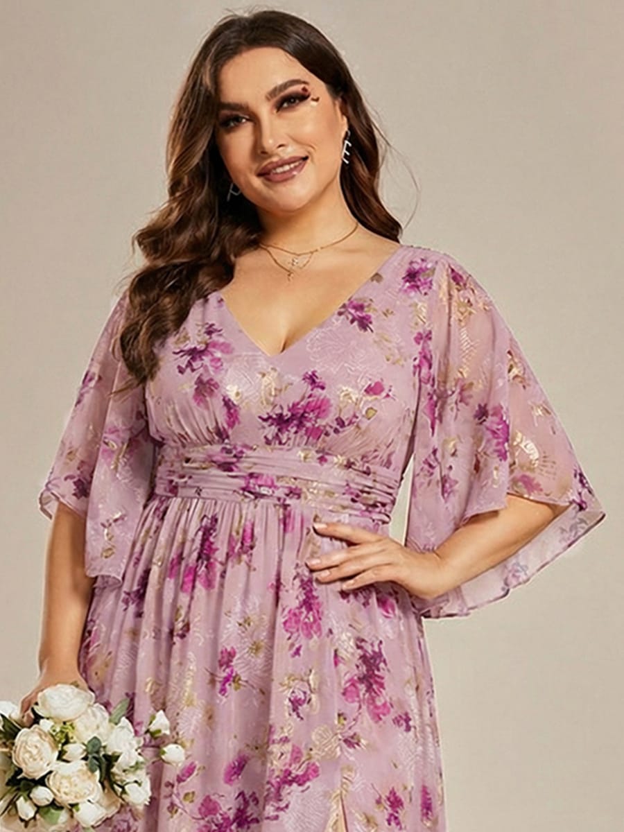 Chiffon A-Line Half Sleeves High Slit Bridesmaid Dress #color_Light Purple Print