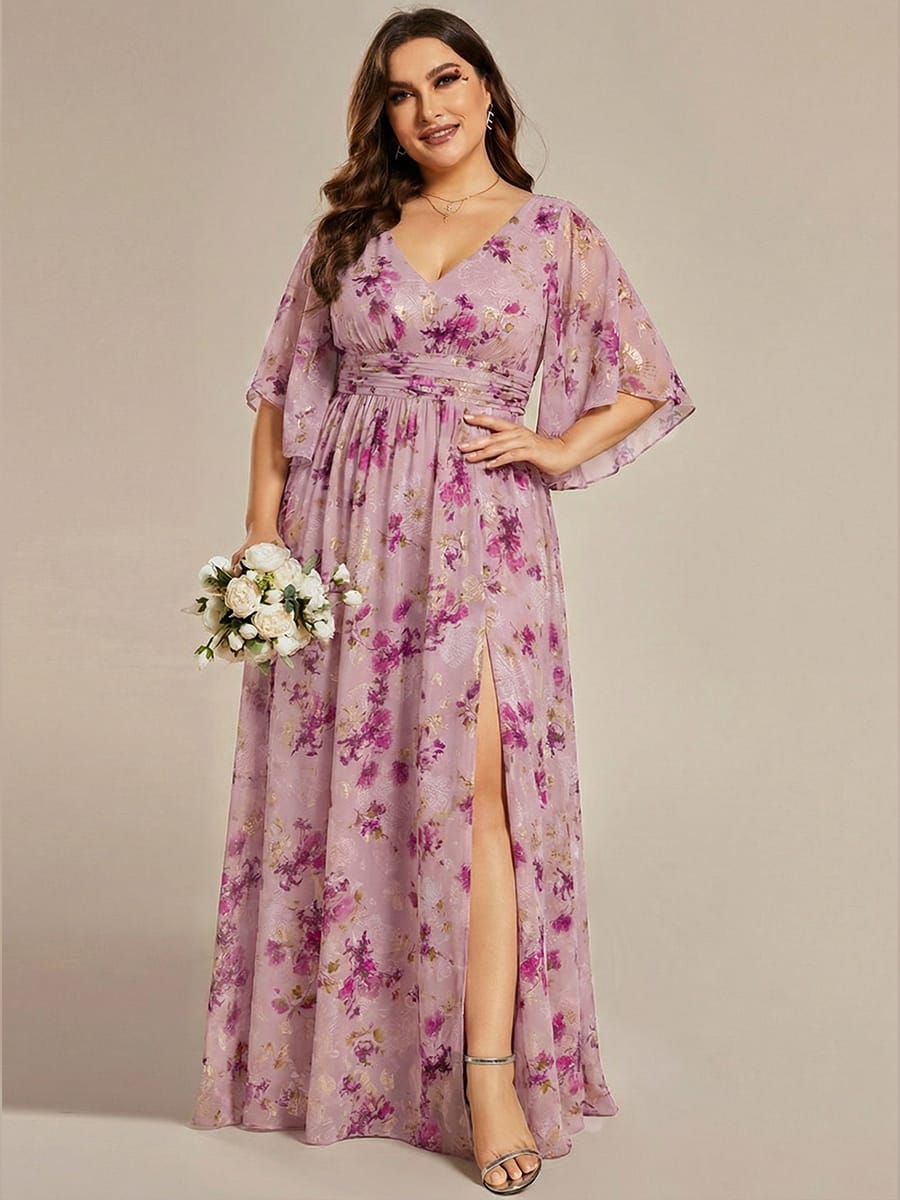 Chiffon A-Line Half Sleeves High Slit Bridesmaid Dress #color_Light Purple Print