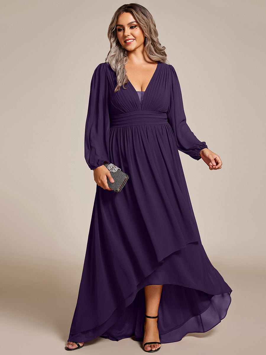 Plus Size Enchanting Chiffon Lantern Sleeve Pleated High Waist Bridesmaid Dress #color_Dark Purple