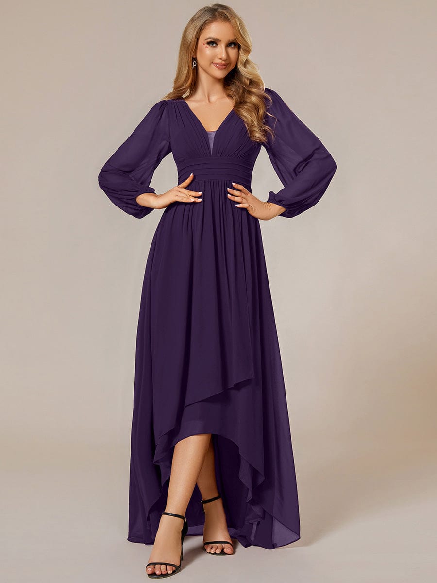 Enchanting Chiffon Lantern Sleeve Pleated High Waist Bridesmaid Dress #color_Dark Purple