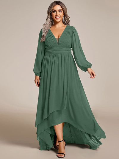 Plus Size Enchanting Chiffon Lantern Sleeve Pleated High Waist Bridesmaid Dress #color_Eucalyptus Green