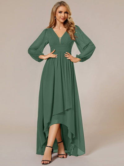 Enchanting Chiffon Lantern Sleeve Pleated High Waist Bridesmaid Dress #color_Eucalyptus Green