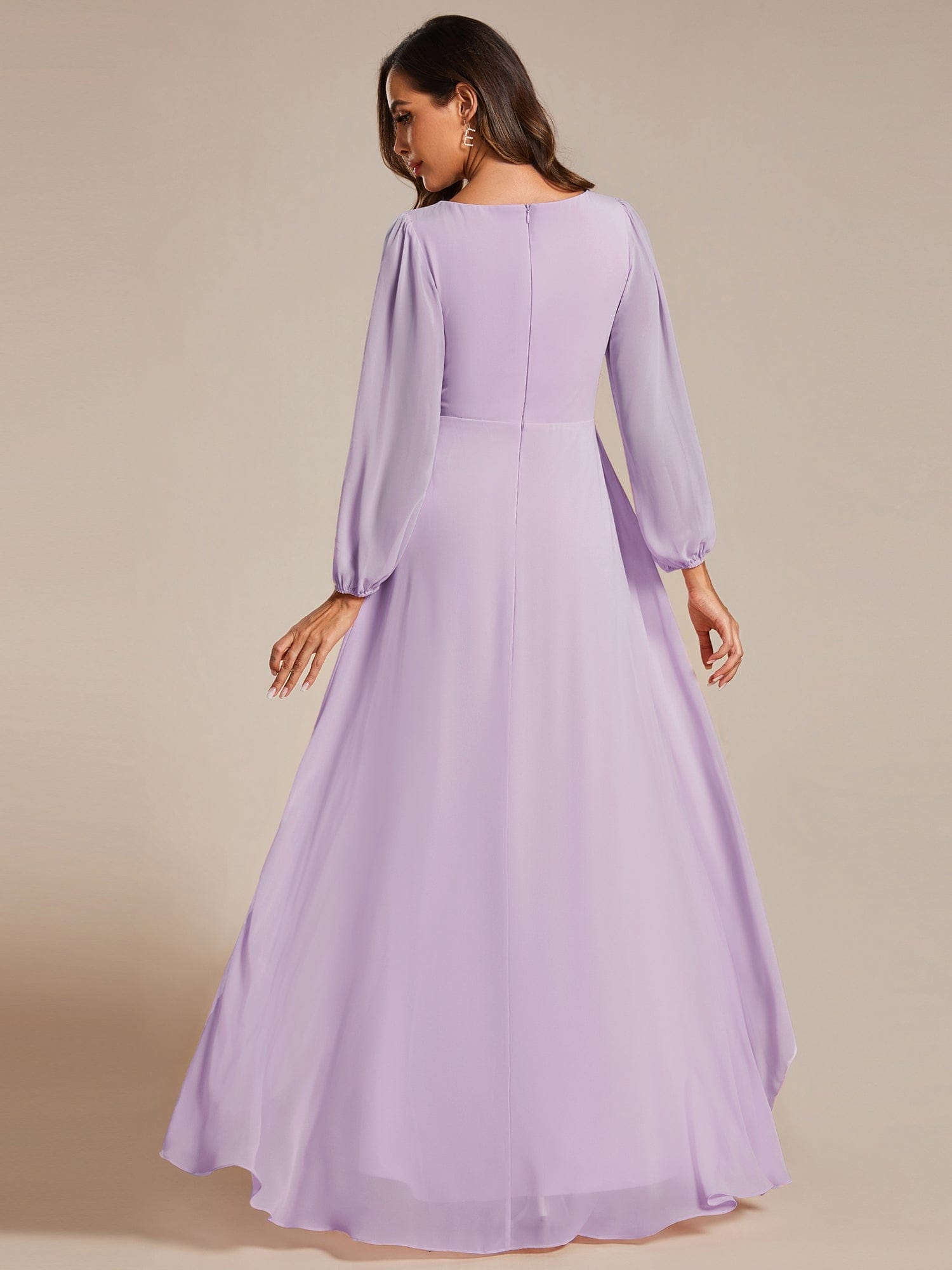 Enchanting Chiffon Lantern Sleeve Pleated High Waist Bridesmaid Dress #color_Frosted Lilac