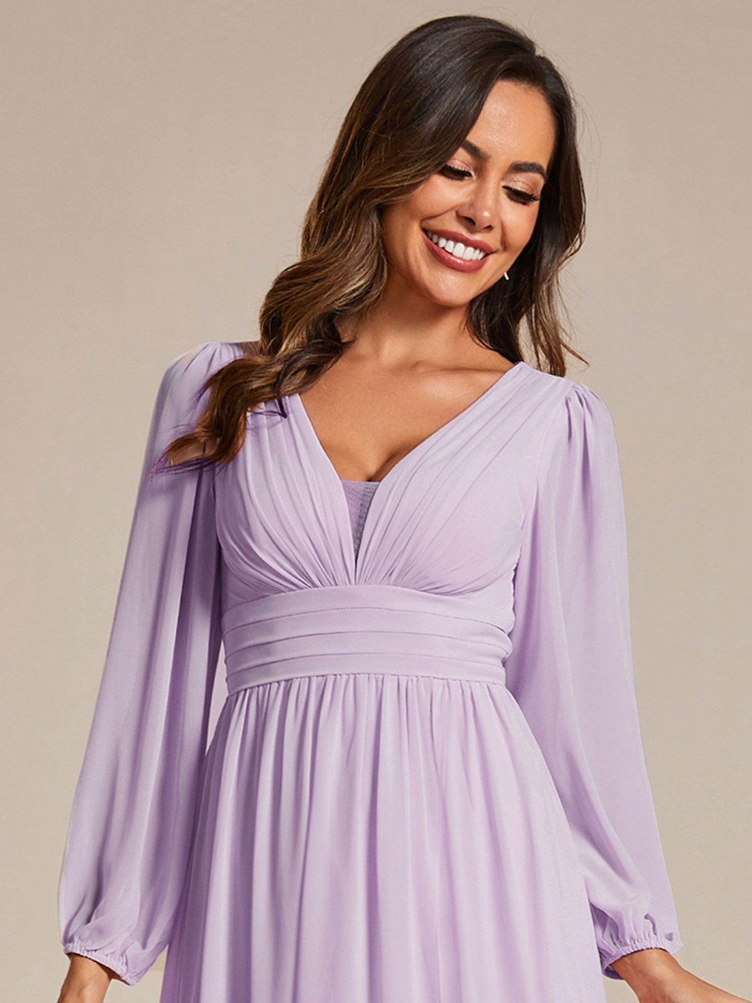 Enchanting Chiffon Lantern Sleeve Pleated High Waist Bridesmaid Dress #color_Frosted Lilac