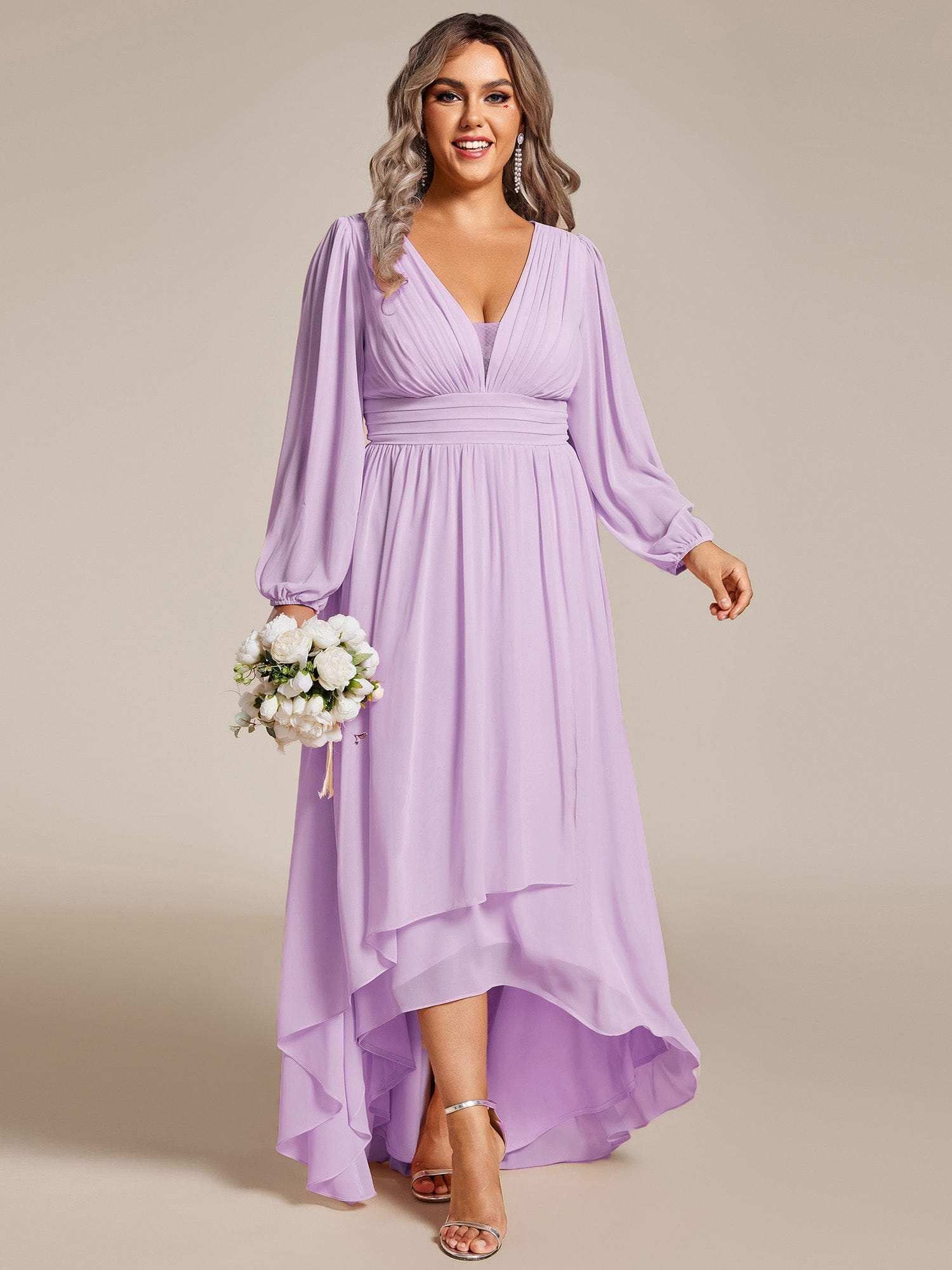 Enchanting Chiffon Lantern Sleeve Pleated High Waist Bridesmaid Dress #color_Frosted Lilac