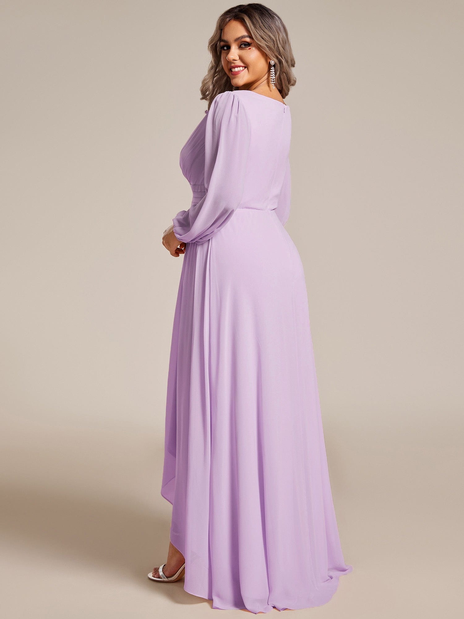 Enchanting Chiffon Lantern Sleeve Pleated High Waist Bridesmaid Dress #color_Frosted Lilac