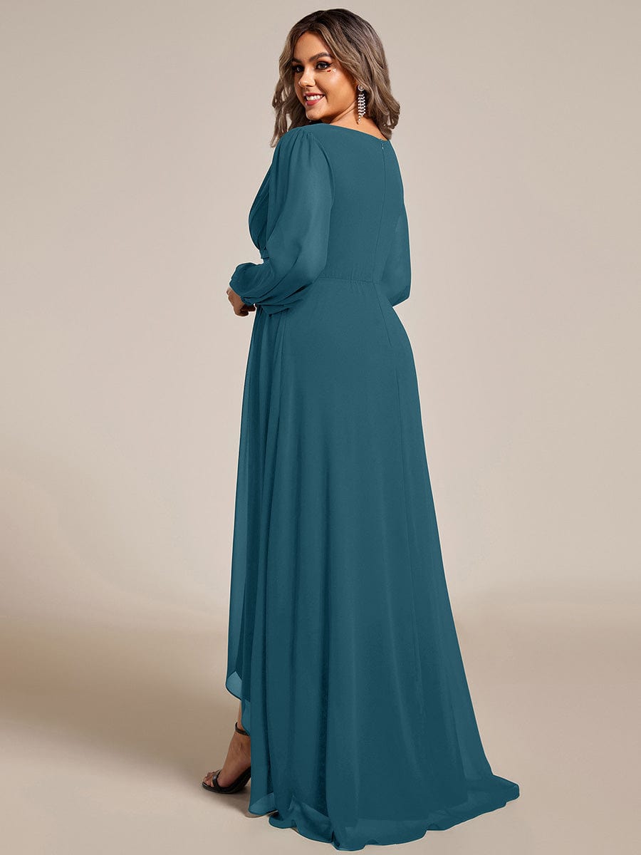 Plus Size Enchanting Chiffon Lantern Sleeve Pleated High Waist Bridesmaid Dress #color_Teal