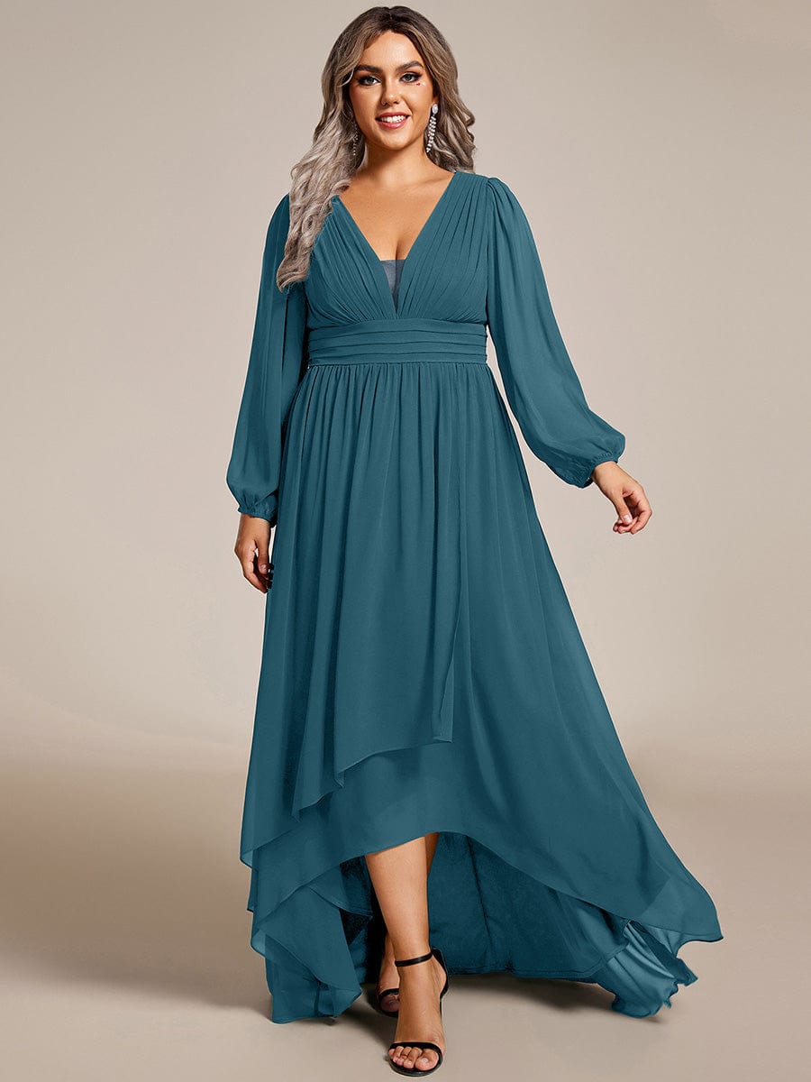 Plus Size Enchanting Chiffon Lantern Sleeve Pleated High Waist Bridesmaid Dress #color_Teal