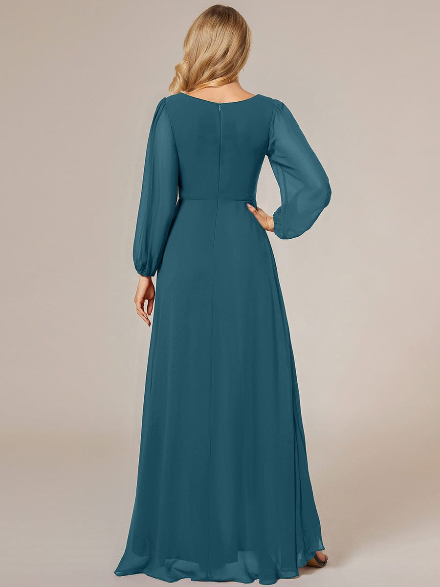 Enchanting Chiffon Lantern Sleeve Pleated High Waist Bridesmaid Dress #color_Teal