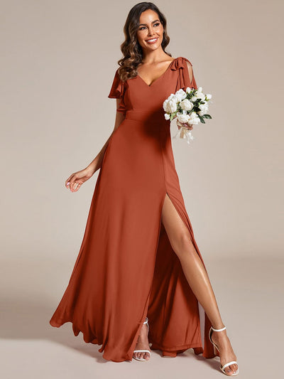 Double V-Neck High Split Bridesmaid Dress with Ribbon Bow #color_Burnt Orange
