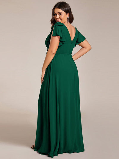 Plus Size Double V-Neck High Split Bridesmaid Dress with Ribbon Bow #color_Dark Green