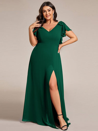 Plus Size Double V-Neck High Split Bridesmaid Dress with Ribbon Bow #color_Dark Green