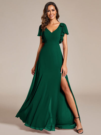 Double V-Neck High Split Bridesmaid Dress with Ribbon Bow #color_Dark Green