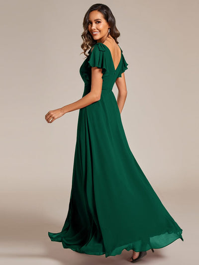 Double V-Neck High Split Bridesmaid Dress with Ribbon Bow #color_Dark Green