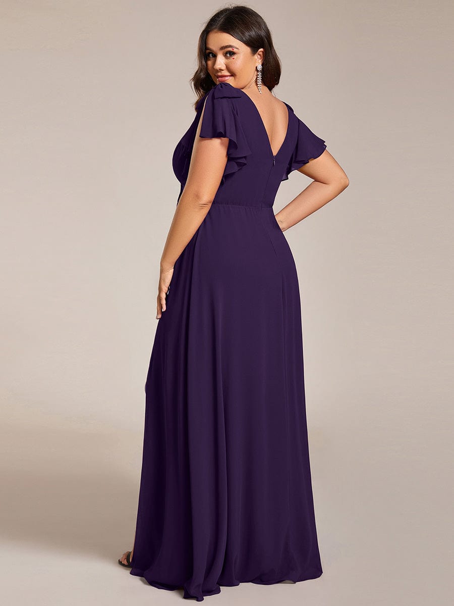 Plus Size Double V-Neck High Split Bridesmaid Dress with Ribbon Bow #color_Dark Purple