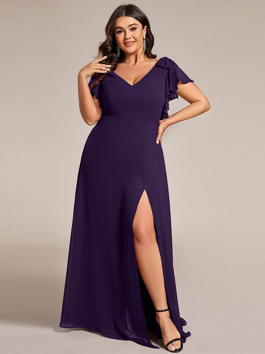 Plus Size Double V-Neck High Split Bridesmaid Dress with Ribbon Bow #color_Dark Purple