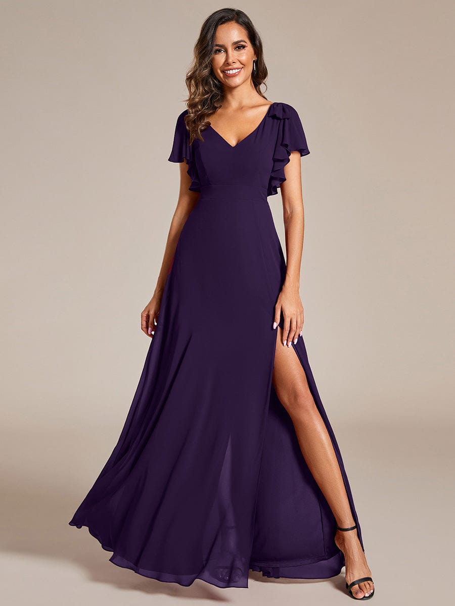 Double V-Neck High Split Bridesmaid Dress with Ribbon Bow #color_Dark Purple