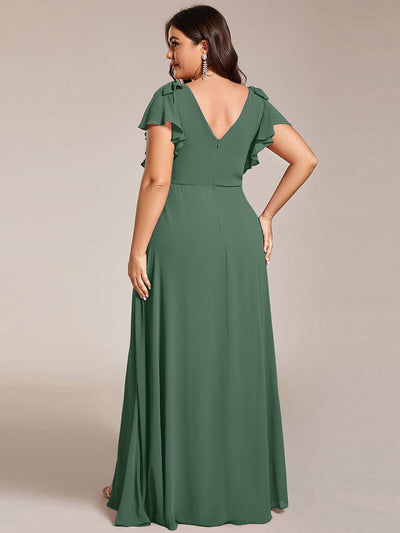 Plus Size Double V-Neck High Split Bridesmaid Dress with Ribbon Bow #color_Eucalyptus Green