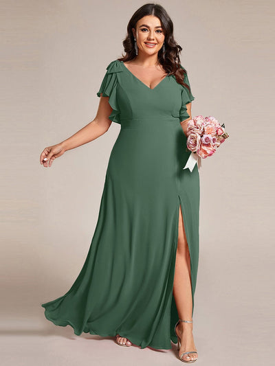 Plus Size Double V-Neck High Split Bridesmaid Dress with Ribbon Bow #color_Eucalyptus Green