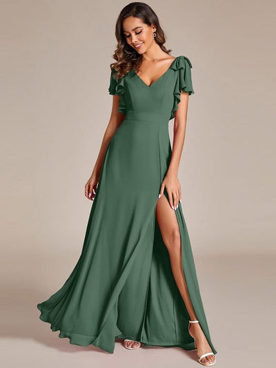 Double V-Neck High Split Bridesmaid Dress with Ribbon Bow #color_Eucalyptus Green