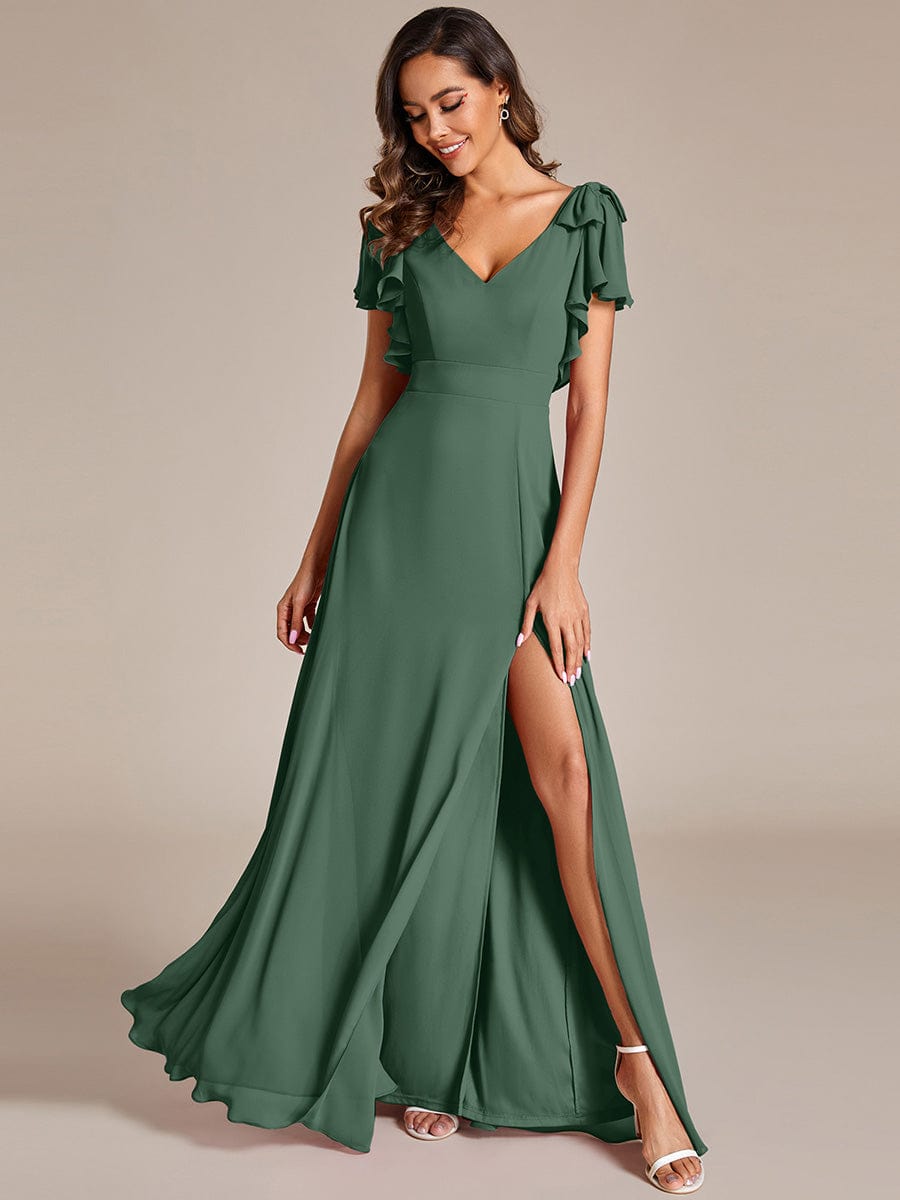 Double V-Neck High Split Bridesmaid Dress with Ribbon Bow #color_Eucalyptus Green
