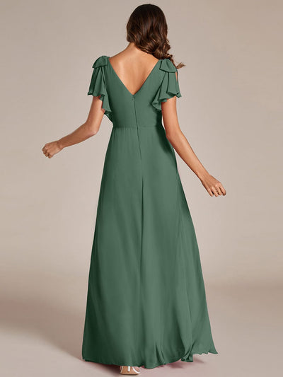 Double V-Neck High Split Bridesmaid Dress with Ribbon Bow #color_Eucalyptus Green