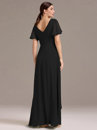 V Neck Ruffles Sleeve Pleated Maxi Bridesmaid Dress #color_Black