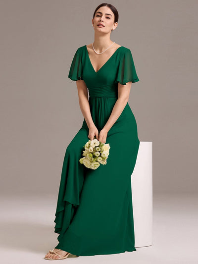 V Neck Ruffles Sleeve Pleated Maxi Bridesmaid Dress #color_Dark Green