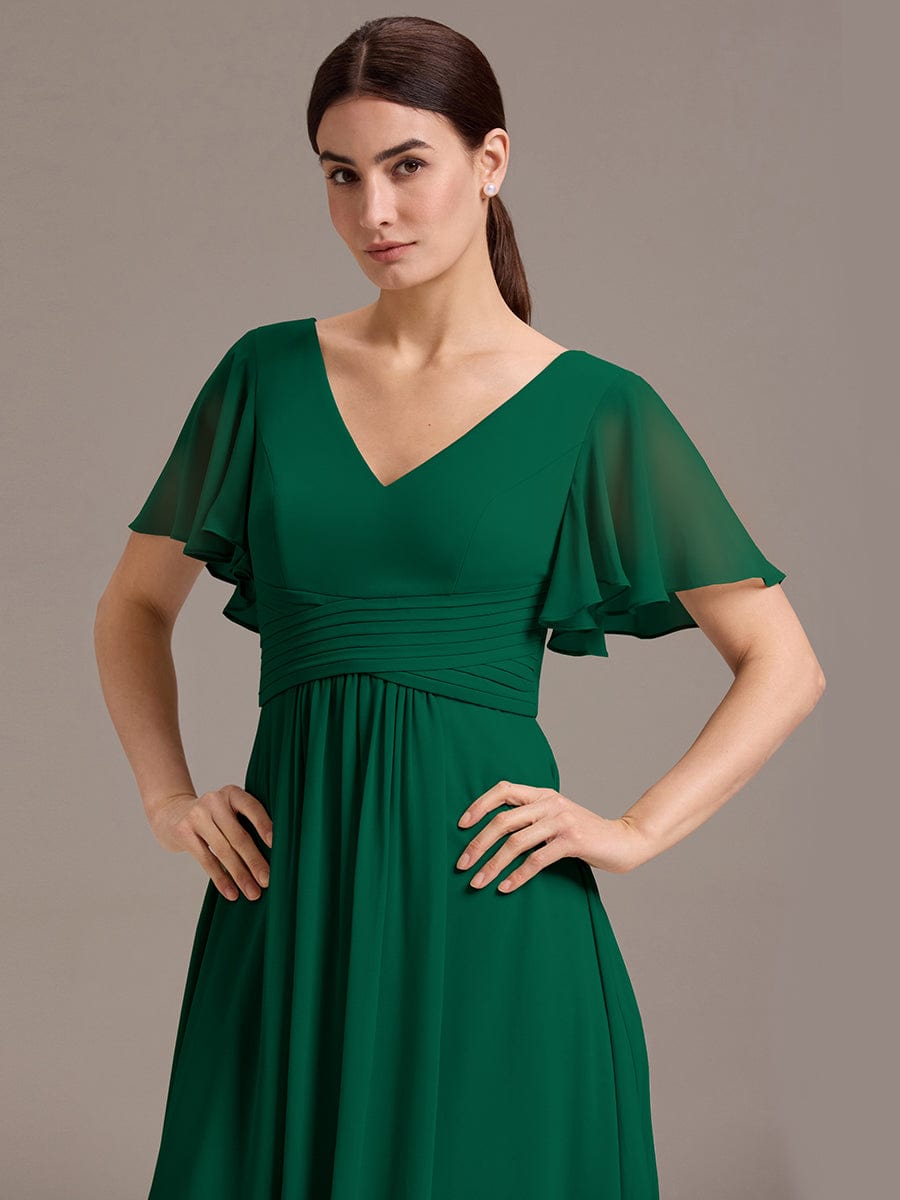 V Neck Ruffles Sleeve Pleated Maxi Bridesmaid Dress #color_Dark Green