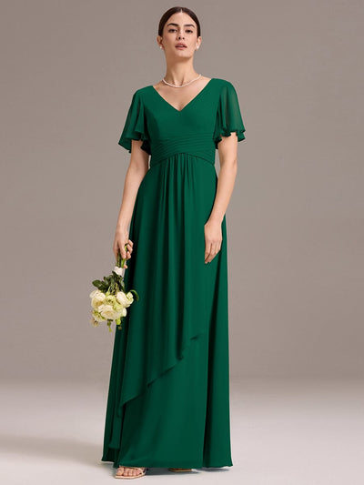 V Neck Ruffles Sleeve Pleated Maxi Bridesmaid Dress #color_Dark Green