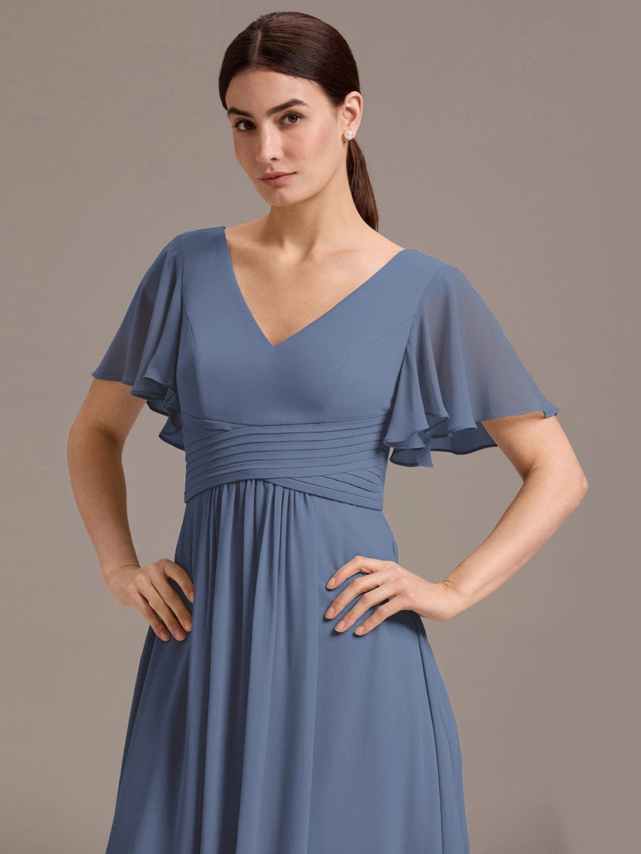 V Neck Ruffles Sleeve Pleated Maxi Bridesmaid Dress #color_Dusty Blue