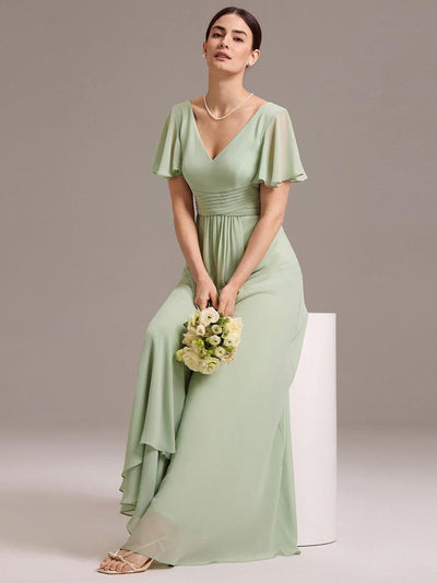 V Neck Ruffles Sleeve Pleated Maxi Bridesmaid Dress #color_Mint Green