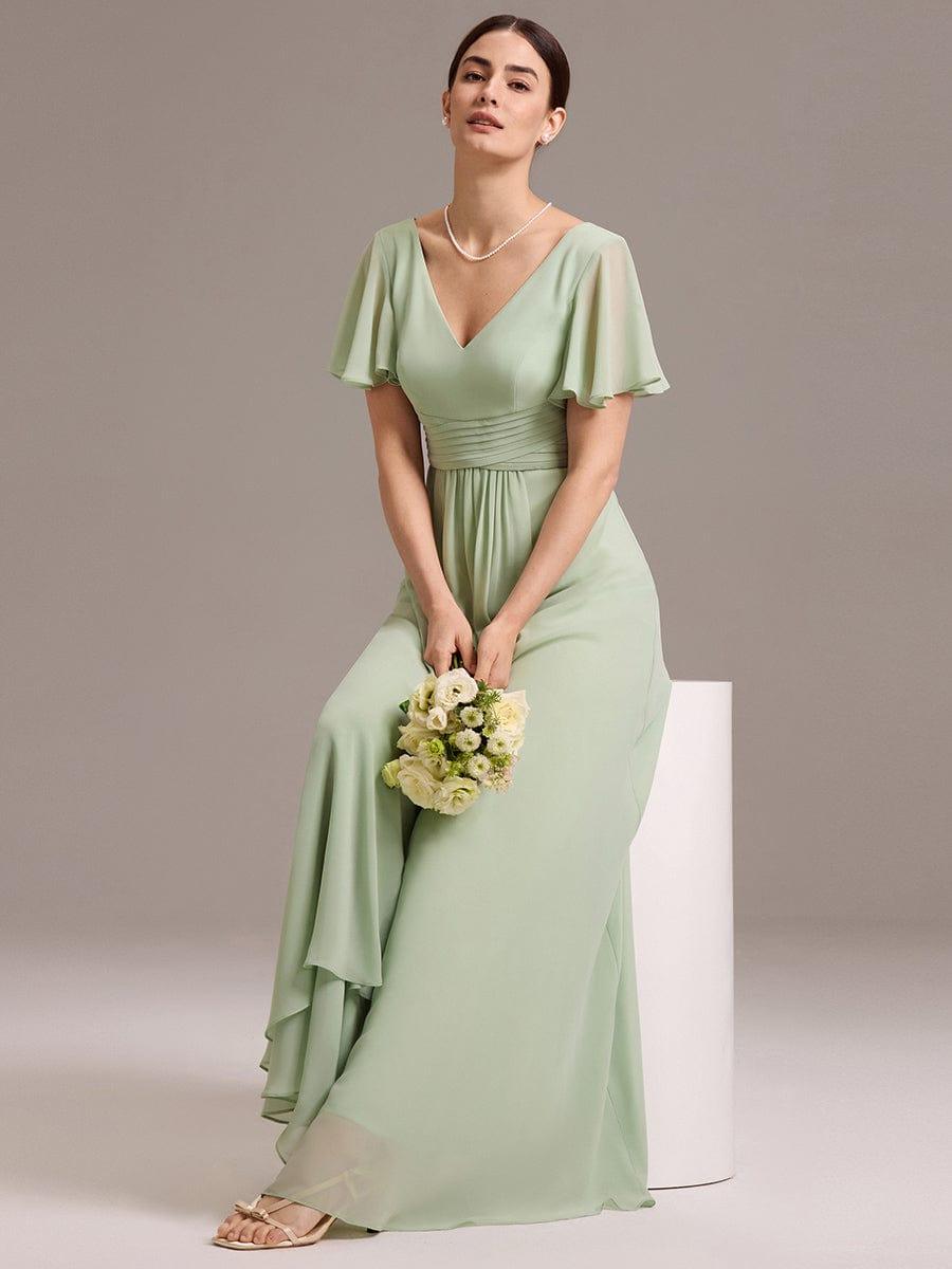 V Neck Ruffles Sleeve Pleated Maxi Bridesmaid Dress #color_Mint Green