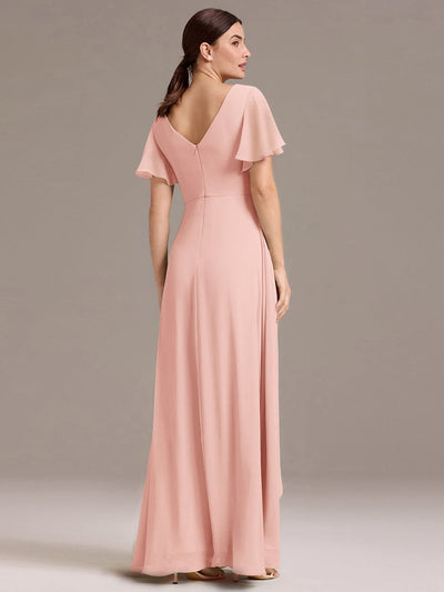 V Neck Ruffles Sleeve Pleated Maxi Bridesmaid Dress #color_Pink