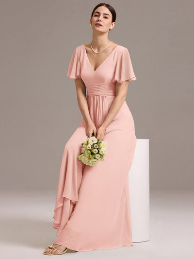 V Neck Ruffles Sleeve Pleated Maxi Bridesmaid Dress #color_Pink