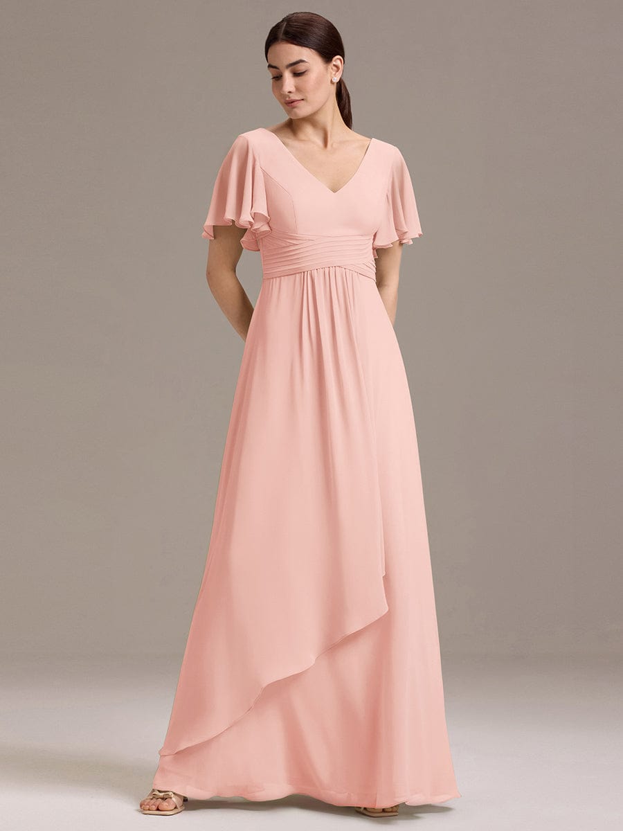 V Neck Ruffles Sleeve Pleated Maxi Bridesmaid Dress #color_Pink