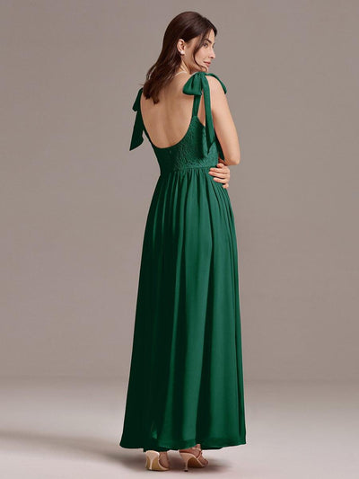 U Shaped Back Tie Strap Sleeveless Maxi Dress #color_Dark Green