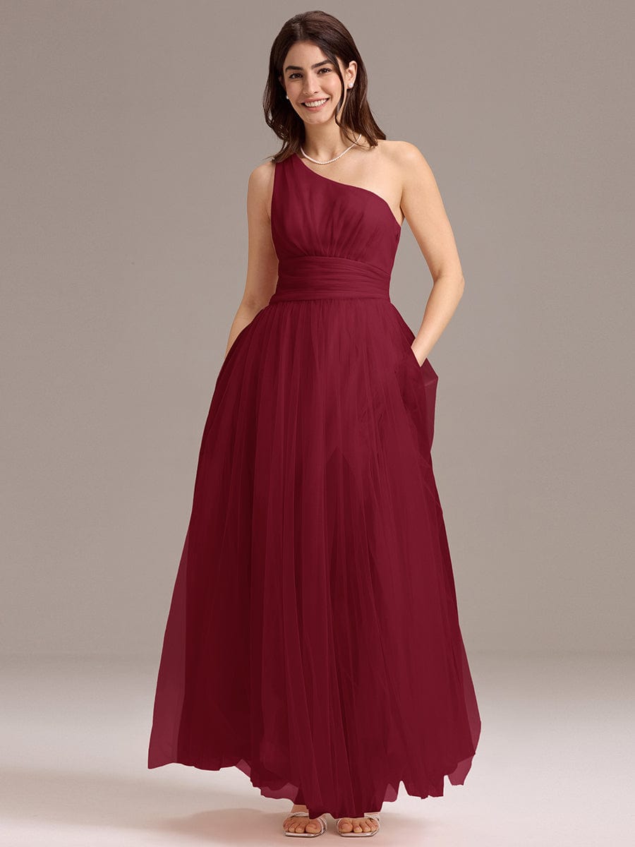 A-line One Shoulder Maxi Tulle Evening Dress With Ruffle #color_Burgundy