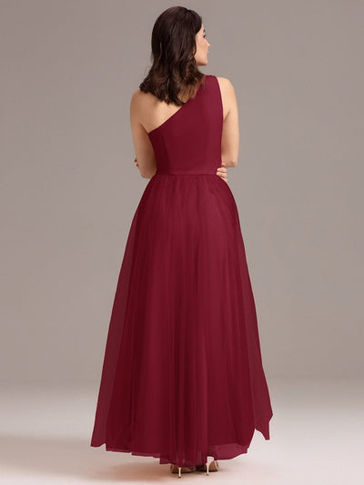 A-line One Shoulder Maxi Tulle Bridesmaid Dress With Ruffle #color_Burgundy