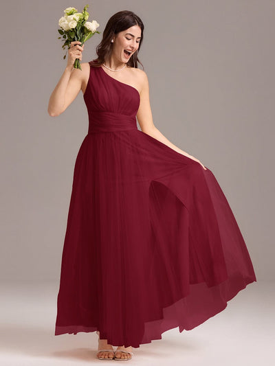 A-line One Shoulder Maxi Tulle Bridesmaid Dress With Ruffle #color_Burgundy