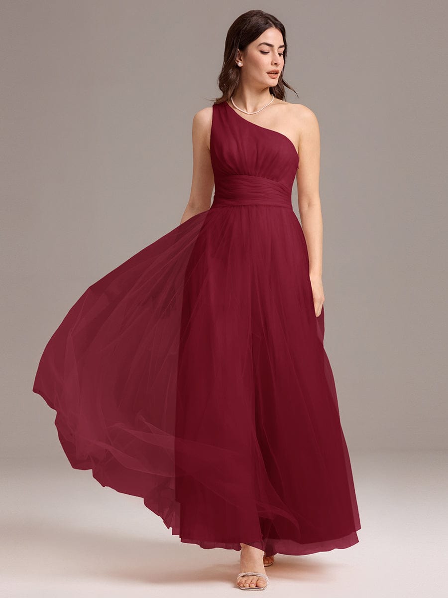 A-line One Shoulder Maxi Tulle Evening Dress With Ruffle #color_Burgundy