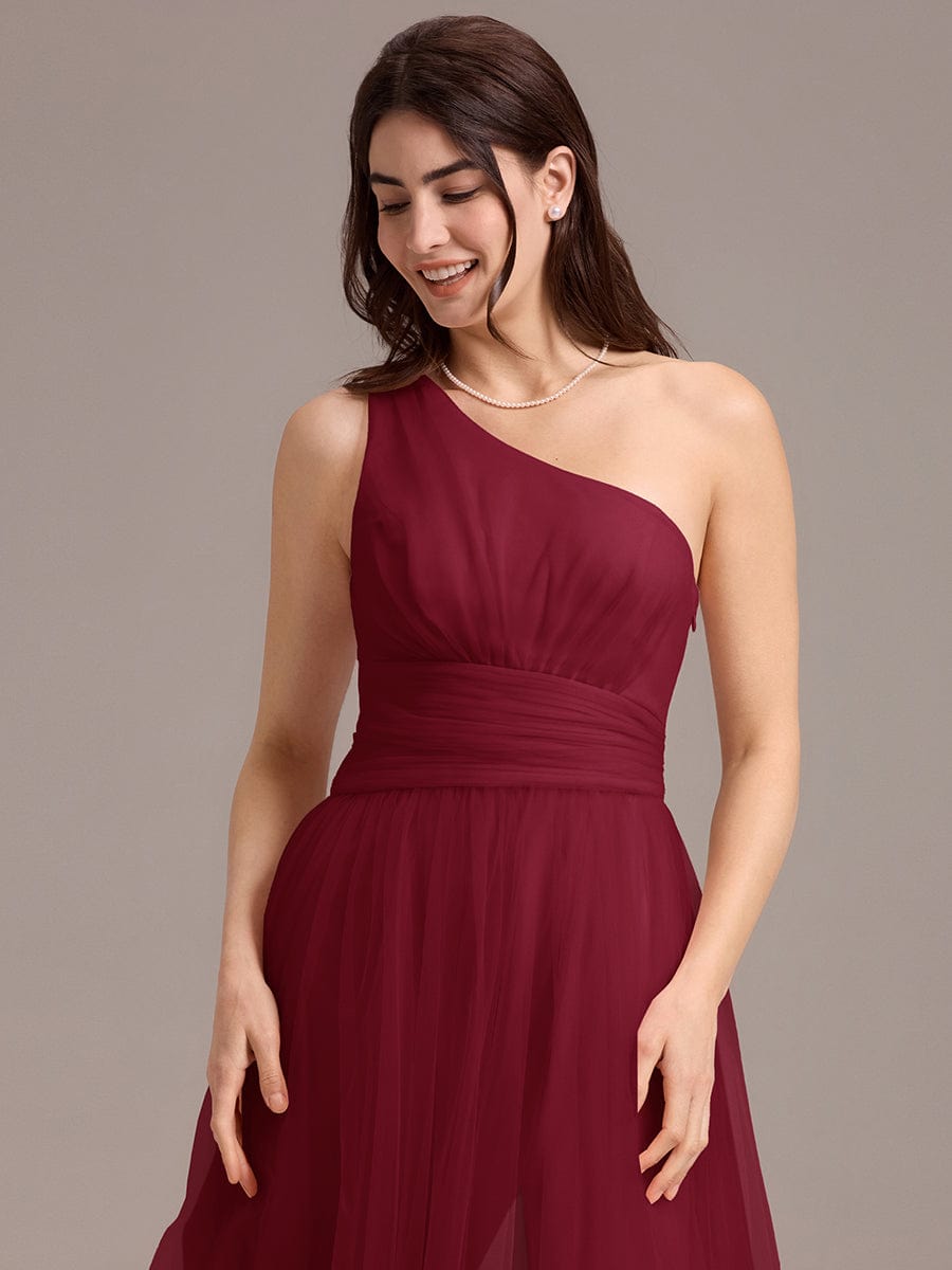 A-line One Shoulder Maxi Tulle Evening Dress With Ruffle #color_Burgundy