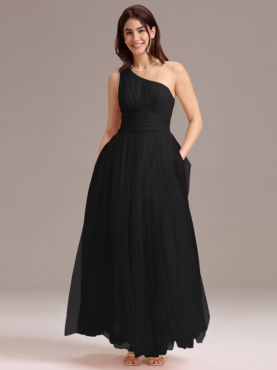 A-line One Shoulder Maxi Tulle Evening Dress With Ruffle #color_Black